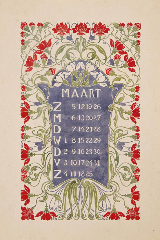 Original design drawing for a calender page (March 1905) by Anna Sipkema